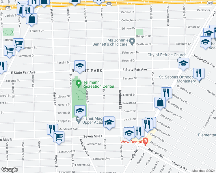 map of restaurants, bars, coffee shops, grocery stores, and more near 15827 Manning Avenue in Detroit