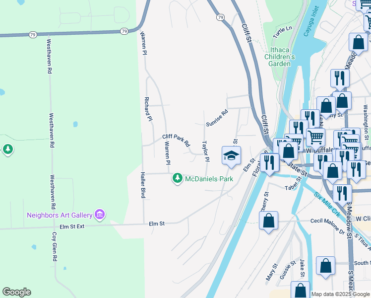 map of restaurants, bars, coffee shops, grocery stores, and more near 2 Cliff Park Circle in Ithaca