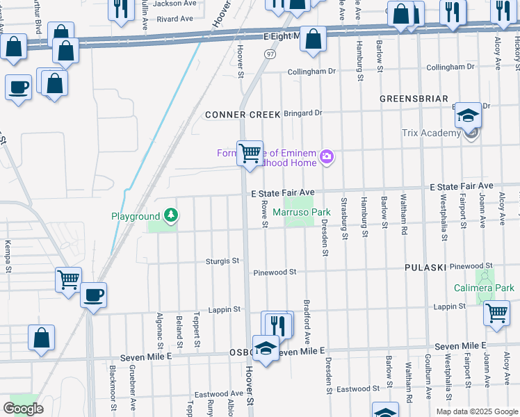 map of restaurants, bars, coffee shops, grocery stores, and more near 19759 Rowe Street in Detroit