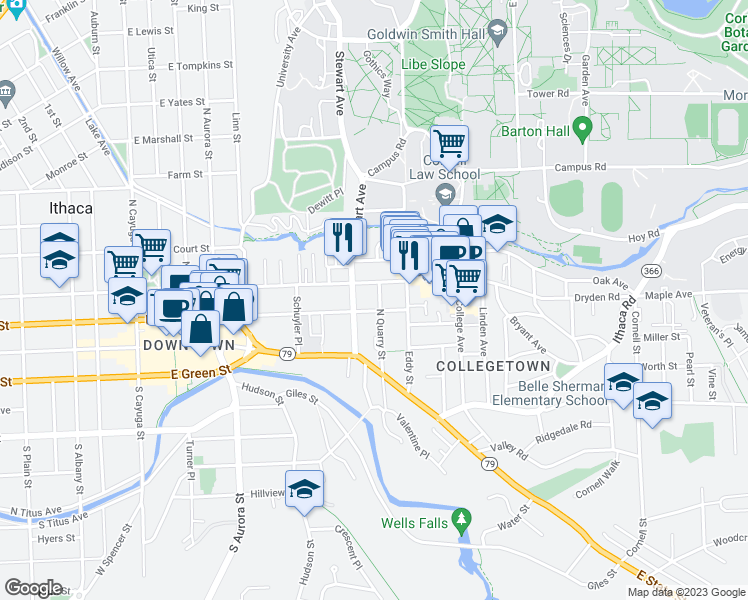 map of restaurants, bars, coffee shops, grocery stores, and more near 206 North Quarry Street in Ithaca