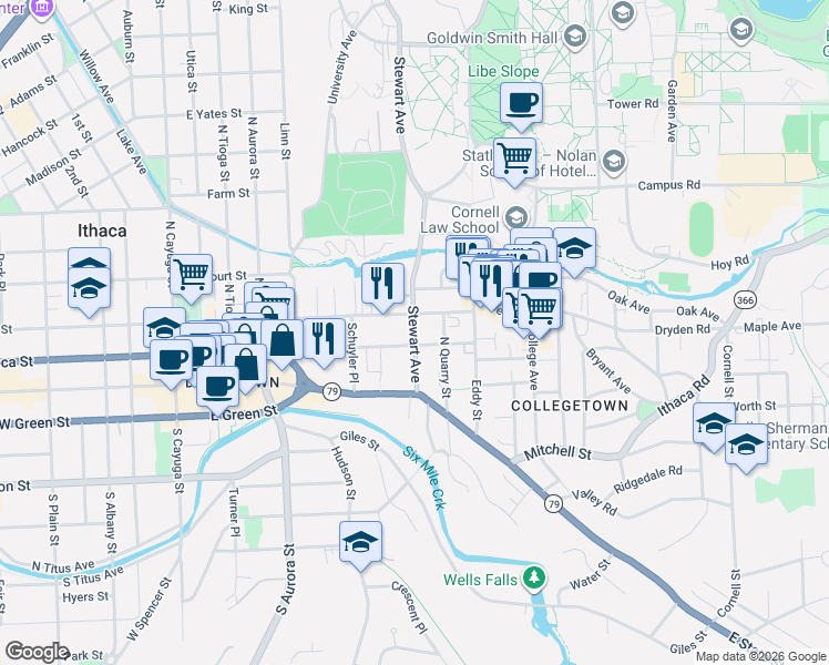 map of restaurants, bars, coffee shops, grocery stores, and more near 207 Stewart Avenue in Ithaca