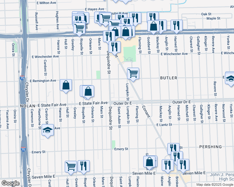 map of restaurants, bars, coffee shops, grocery stores, and more near 19957 Saint Aubin Street in Detroit