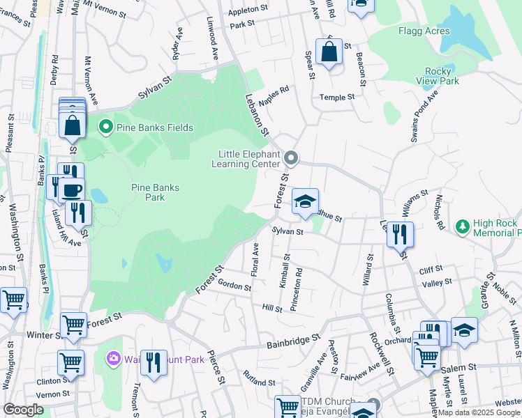 map of restaurants, bars, coffee shops, grocery stores, and more near 26 Forest Court in Malden