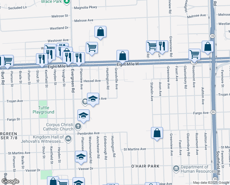 map of restaurants, bars, coffee shops, grocery stores, and more near 20237 Grandville Avenue in Detroit