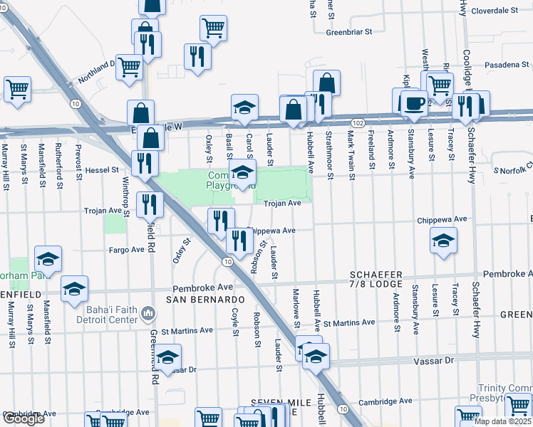 map of restaurants, bars, coffee shops, grocery stores, and more near 20153 Lauder Street in Detroit
