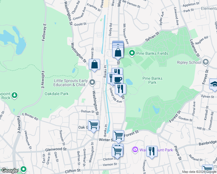 map of restaurants, bars, coffee shops, grocery stores, and more near 12 Island Hill Avenue in Melrose
