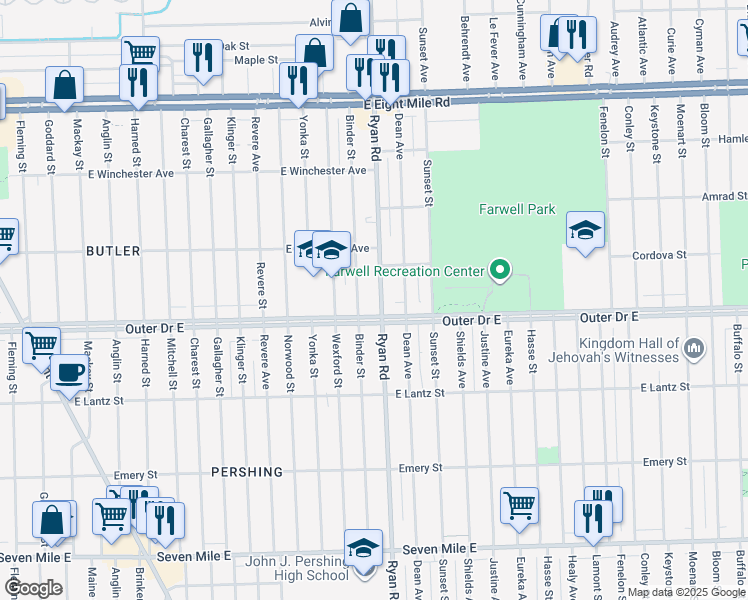 map of restaurants, bars, coffee shops, grocery stores, and more near 19919 Ryan Road in Detroit