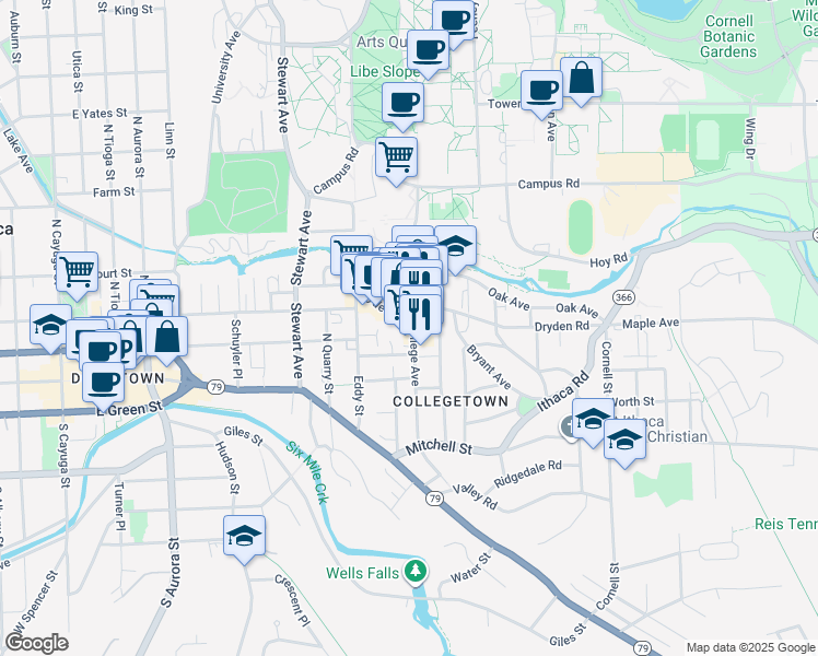 map of restaurants, bars, coffee shops, grocery stores, and more near 312 College Avenue in Ithaca