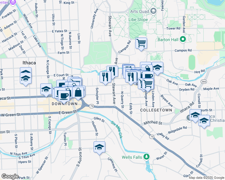 map of restaurants, bars, coffee shops, grocery stores, and more near 206 Stewart Avenue in Ithaca