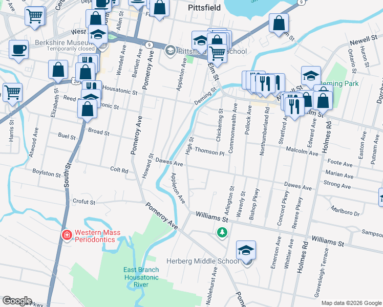 map of restaurants, bars, coffee shops, grocery stores, and more near 133 High Street in Pittsfield