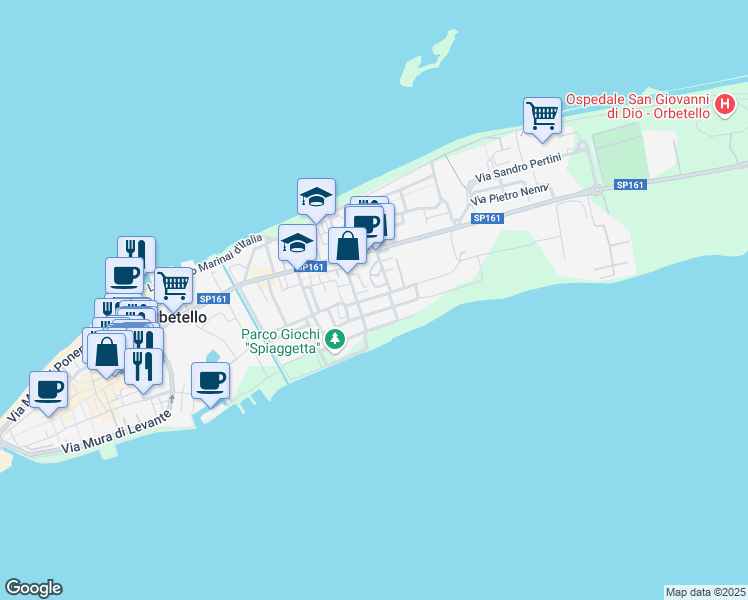 map of restaurants, bars, coffee shops, grocery stores, and more near 20A Via Pola in Orbetello