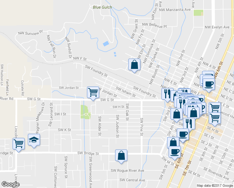 map of restaurants, bars, coffee shops, grocery stores, and more near 1014 Southwest Jordan Street in Grants Pass