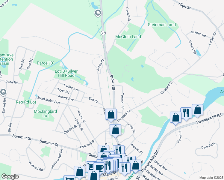 map of restaurants, bars, coffee shops, grocery stores, and more near 37 Massachusetts 27 in Maynard