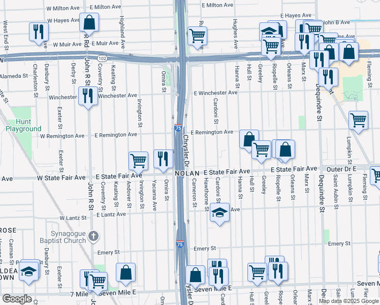 map of restaurants, bars, coffee shops, grocery stores, and more near 19983 Cameron Street in Highland Park