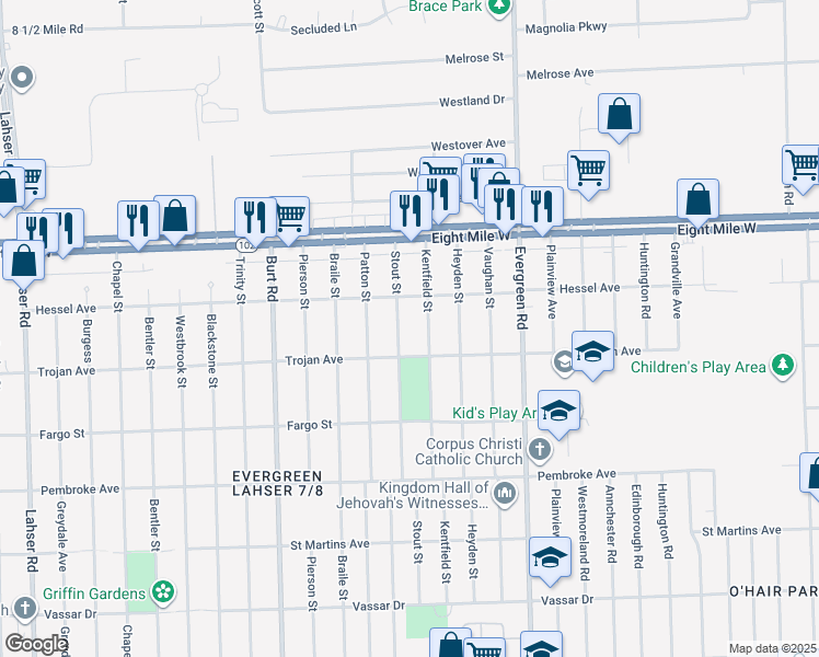 map of restaurants, bars, coffee shops, grocery stores, and more near 20252 Stout Street in Detroit