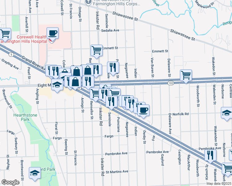 map of restaurants, bars, coffee shops, grocery stores, and more near 20541 Poinciana Street in Wayne County
