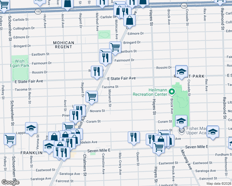 map of restaurants, bars, coffee shops, grocery stores, and more near 14739 Manning Street in Detroit
