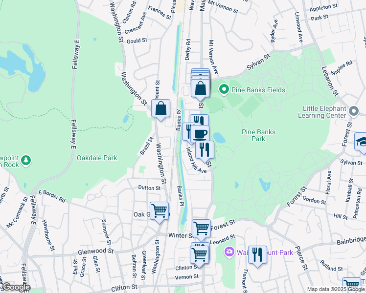map of restaurants, bars, coffee shops, grocery stores, and more near 12 Island Hill Avenue in Melrose