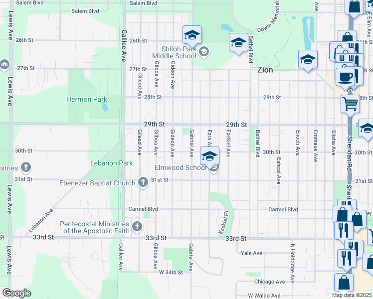 map of restaurants, bars, coffee shops, grocery stores, and more near 2926 Gabriel Avenue in Zion
