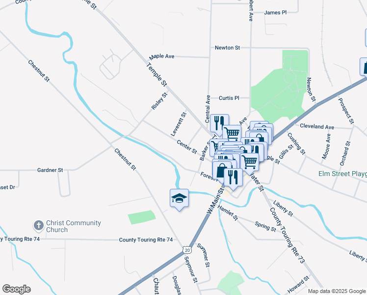 map of restaurants, bars, coffee shops, grocery stores, and more near 80 Center Street in Fredonia