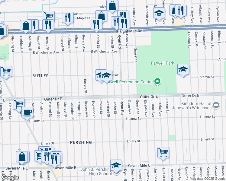 map of restaurants, bars, coffee shops, grocery stores, and more near 19935 Binder Street in Detroit