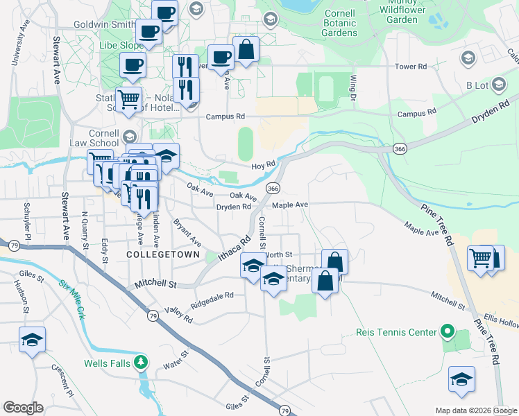 map of restaurants, bars, coffee shops, grocery stores, and more near 516 Ithaca Rd in Ithaca