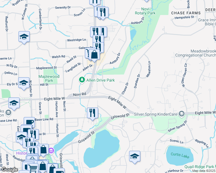 map of restaurants, bars, coffee shops, grocery stores, and more near 43122 Ashbury Dr in Novi
