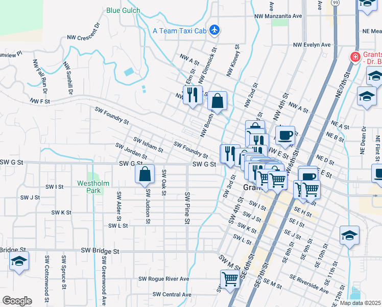 map of restaurants, bars, coffee shops, grocery stores, and more near 110 Southwest Booth Street in Grants Pass