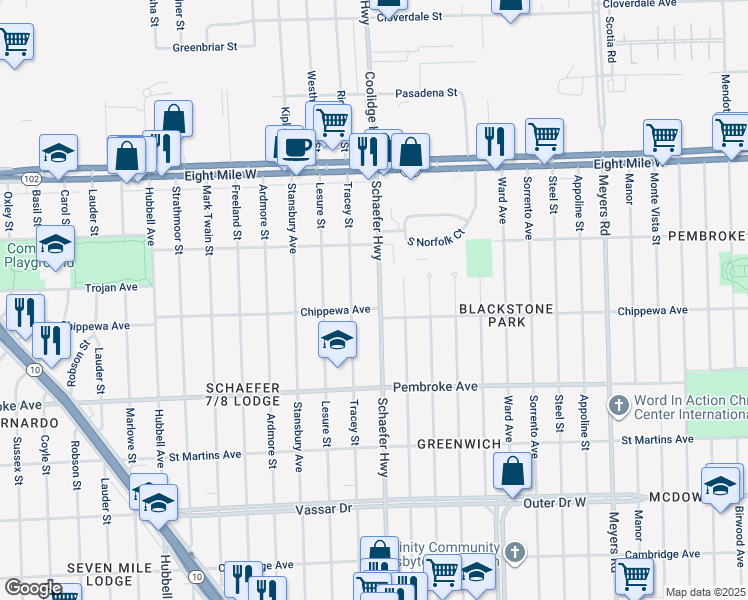 map of restaurants, bars, coffee shops, grocery stores, and more near 20115 Schaefer Highway in Detroit