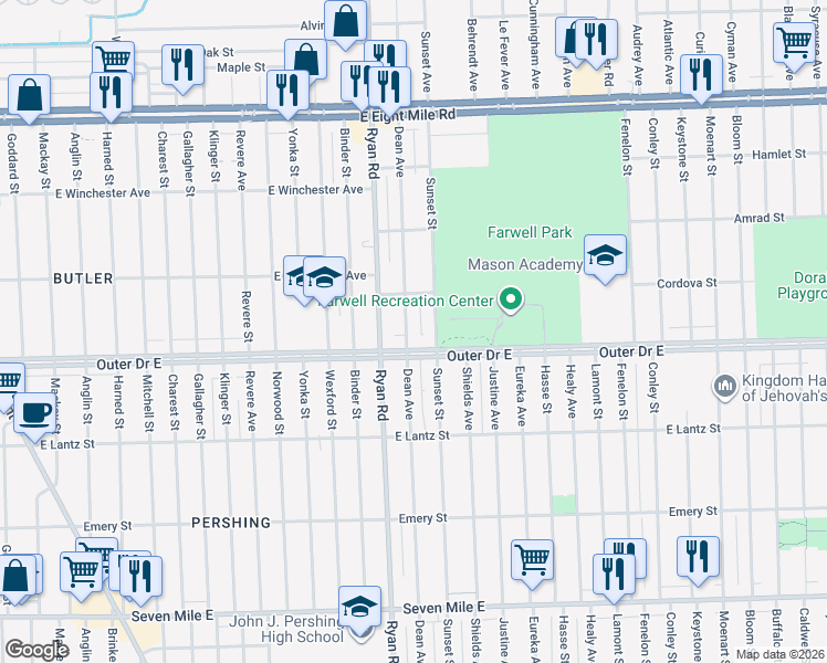 map of restaurants, bars, coffee shops, grocery stores, and more near 19918 Dean Avenue in Detroit