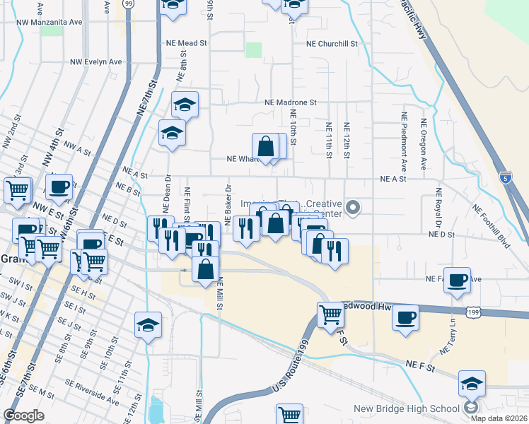 map of restaurants, bars, coffee shops, grocery stores, and more near 832 Northeast D Street in Grants Pass