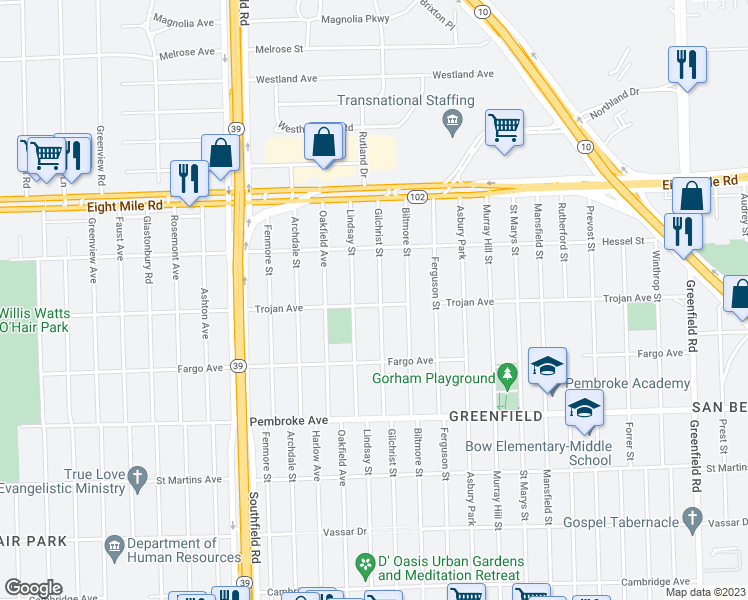 map of restaurants, bars, coffee shops, grocery stores, and more near 20203 Gilchrist Street in Detroit