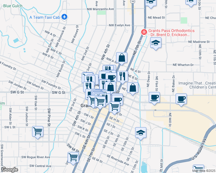 map of restaurants, bars, coffee shops, grocery stores, and more near 310 Northwest 6th Street in Grants Pass
