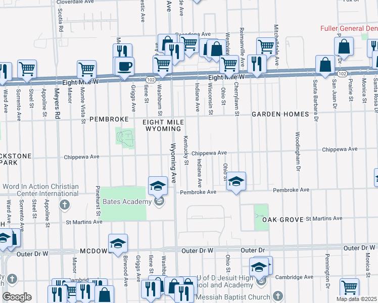 map of restaurants, bars, coffee shops, grocery stores, and more near 20104 Kentucky Street in Detroit