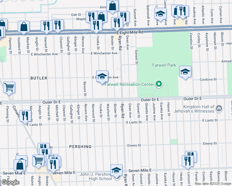 map of restaurants, bars, coffee shops, grocery stores, and more near 19919 Ryan Road in Detroit