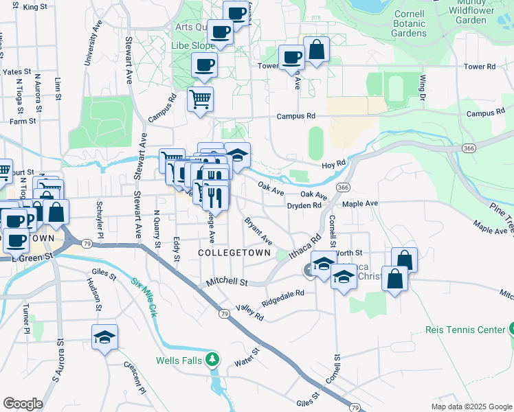map of restaurants, bars, coffee shops, grocery stores, and more near 320 Elmwood Avenue in Ithaca