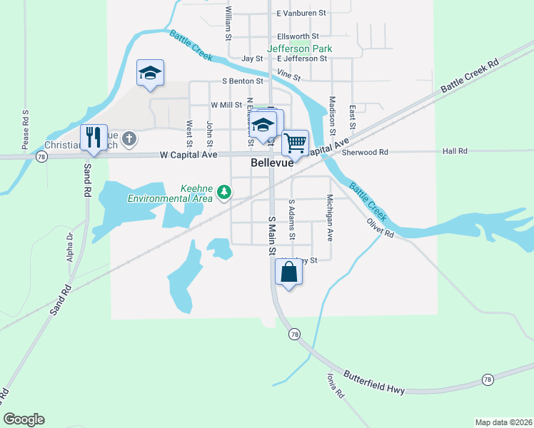 map of restaurants, bars, coffee shops, grocery stores, and more near 321 South Main Street in Bellevue
