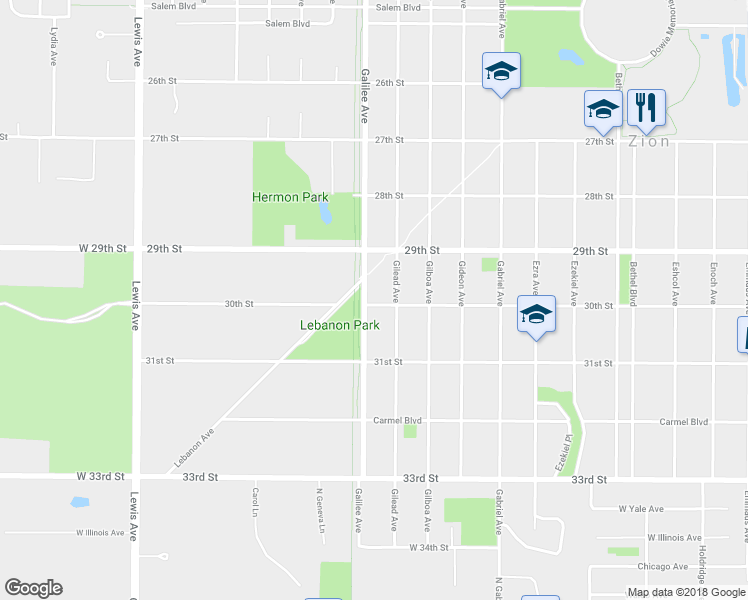 map of restaurants, bars, coffee shops, grocery stores, and more near 2939 Galilee Avenue in Zion