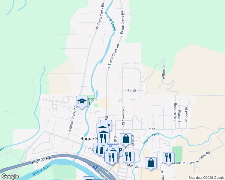 map of restaurants, bars, coffee shops, grocery stores, and more near 718 Pine St in Rogue River