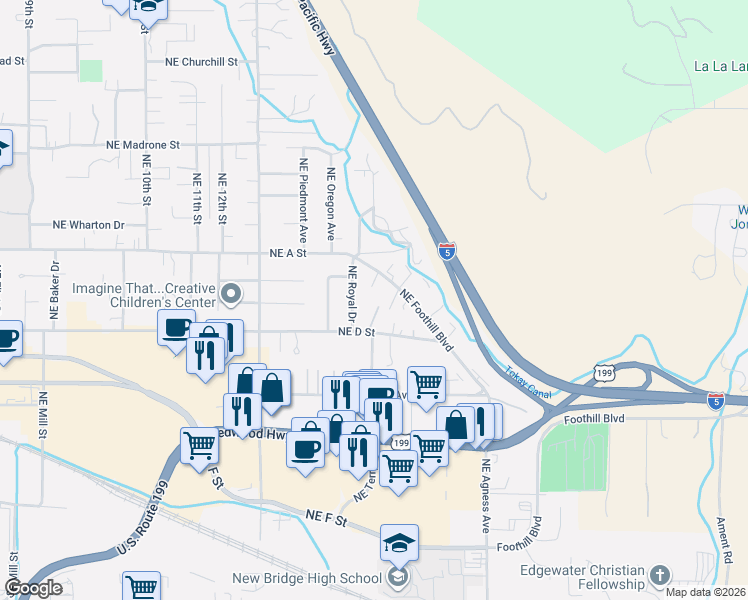 map of restaurants, bars, coffee shops, grocery stores, and more near 1828 Northeast D Street in Grants Pass