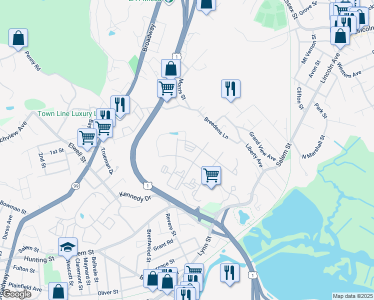 map of restaurants, bars, coffee shops, grocery stores, and more near 1 Stone Lane in Malden