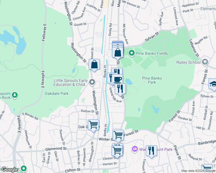 map of restaurants, bars, coffee shops, grocery stores, and more near 12 Island Hill Avenue in Melrose