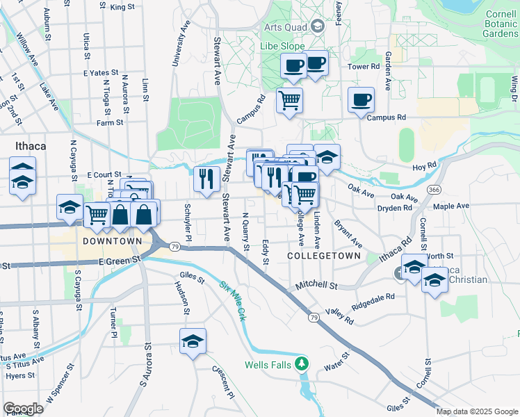 map of restaurants, bars, coffee shops, grocery stores, and more near 806 East Seneca Street in Ithaca