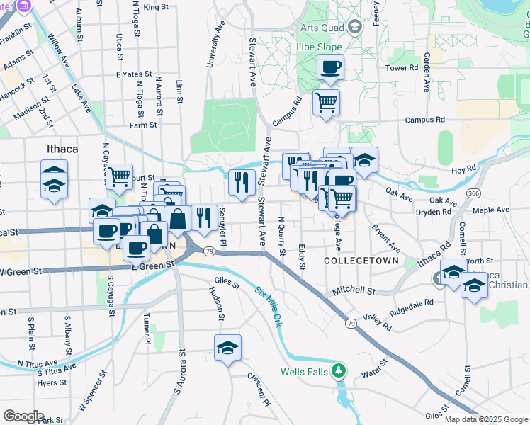 map of restaurants, bars, coffee shops, grocery stores, and more near 207-09 Stewart Avenue in Ithaca