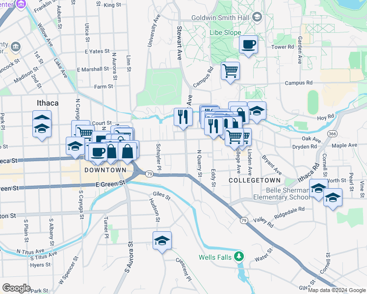 map of restaurants, bars, coffee shops, grocery stores, and more near 207-09 Stewart Avenue in Ithaca