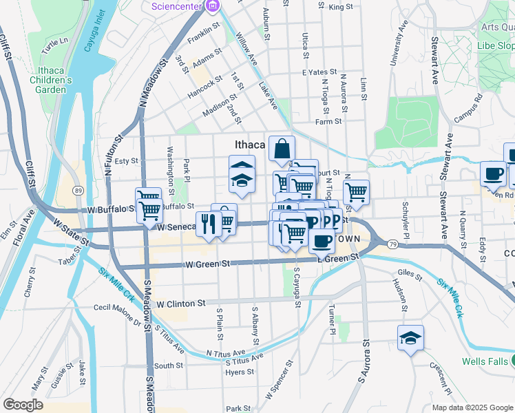 map of restaurants, bars, coffee shops, grocery stores, and more near in Ithaca