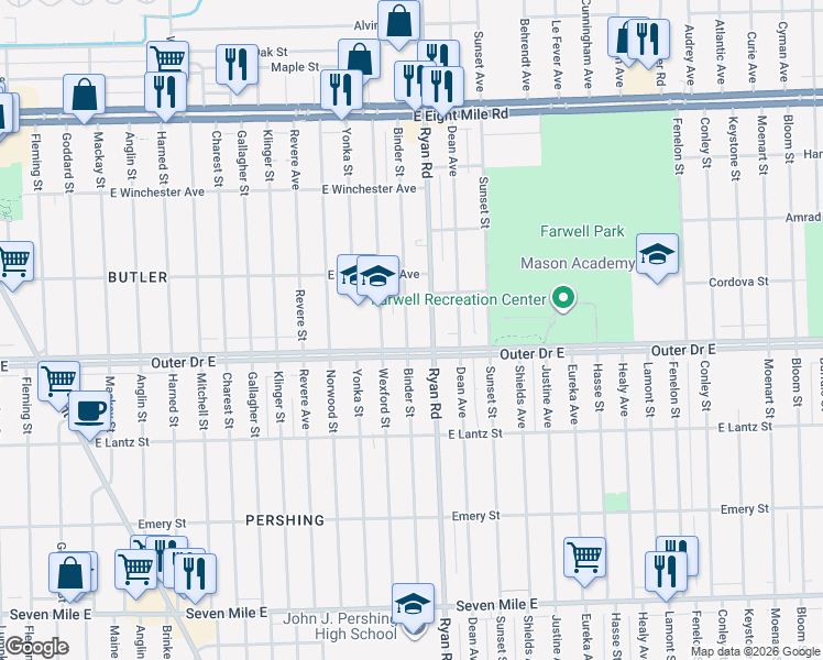map of restaurants, bars, coffee shops, grocery stores, and more near 19919 Ryan Road in Detroit