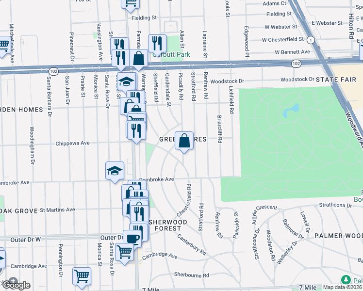 map of restaurants, bars, coffee shops, grocery stores, and more near in Detroit