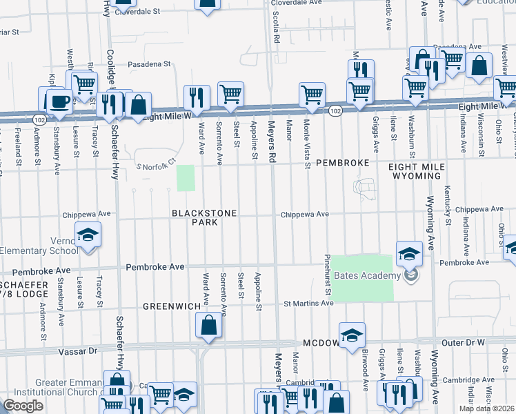 map of restaurants, bars, coffee shops, grocery stores, and more near 20112 Appoline Street in Detroit