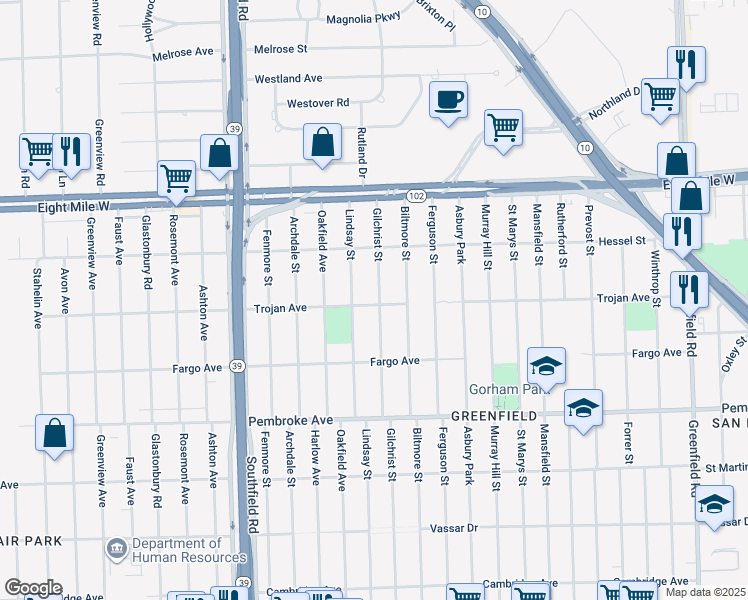 map of restaurants, bars, coffee shops, grocery stores, and more near 20203 Gilchrist Street in Detroit